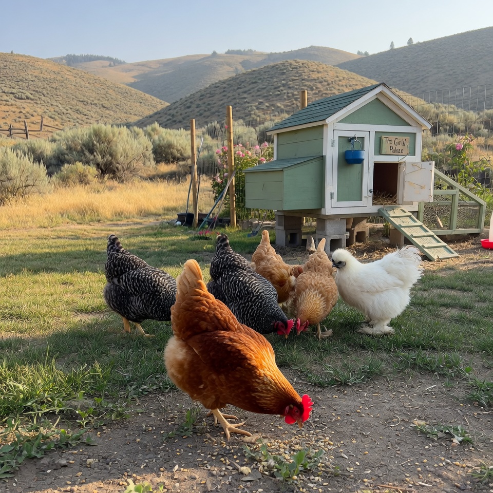 Backyard chickens foraging near a coop