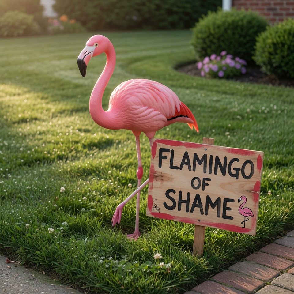 The Flamingo of Shame standing in a yard