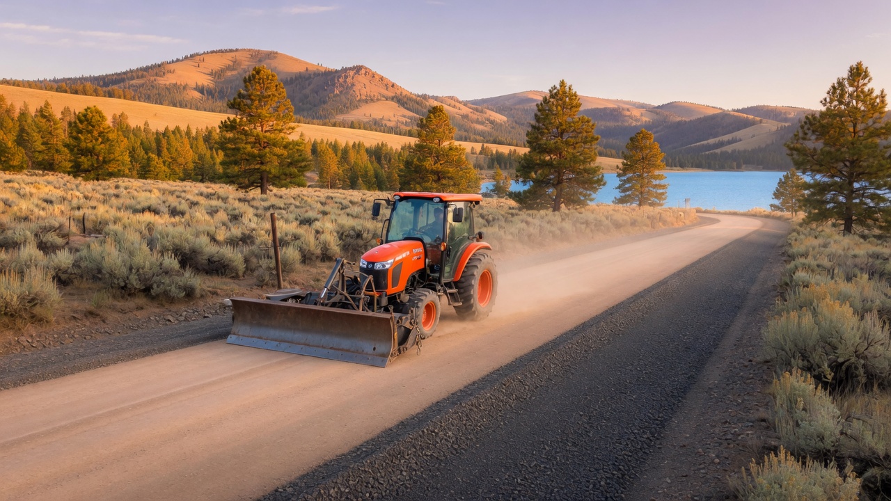 A Kubota tractor with a grading scraper maintaining a gravel road